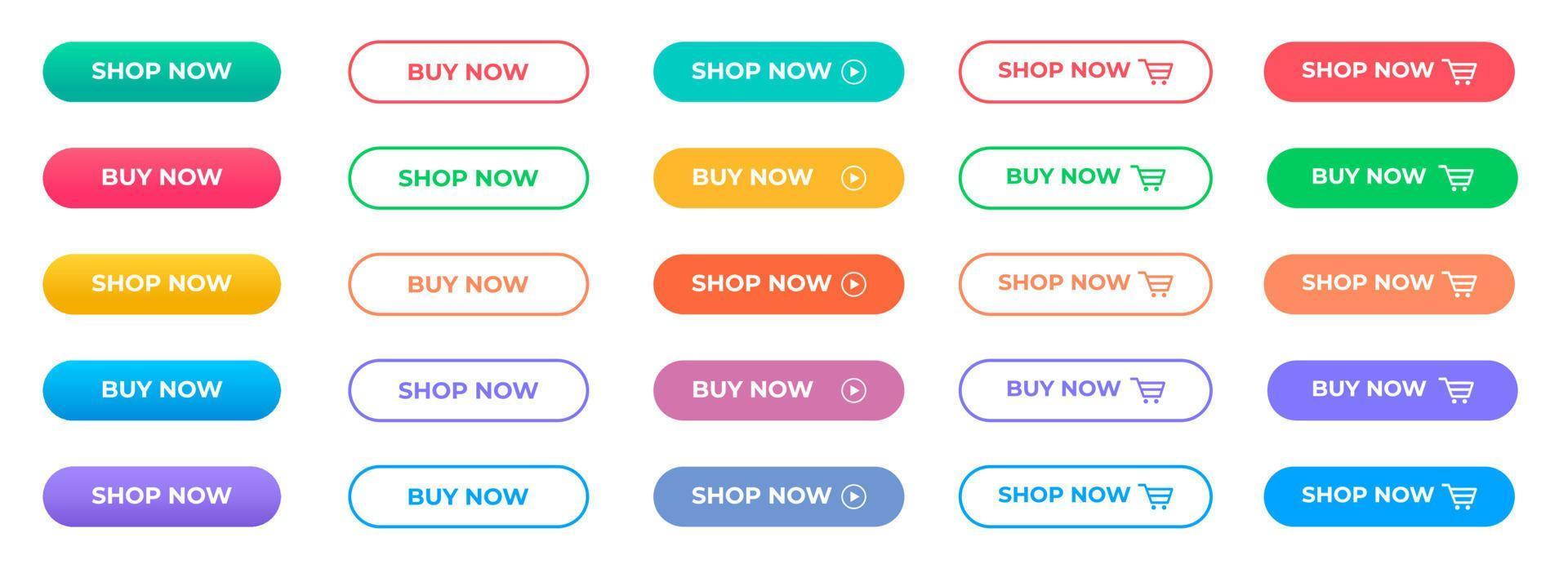 buy now or shop now button template set with multi color. vector