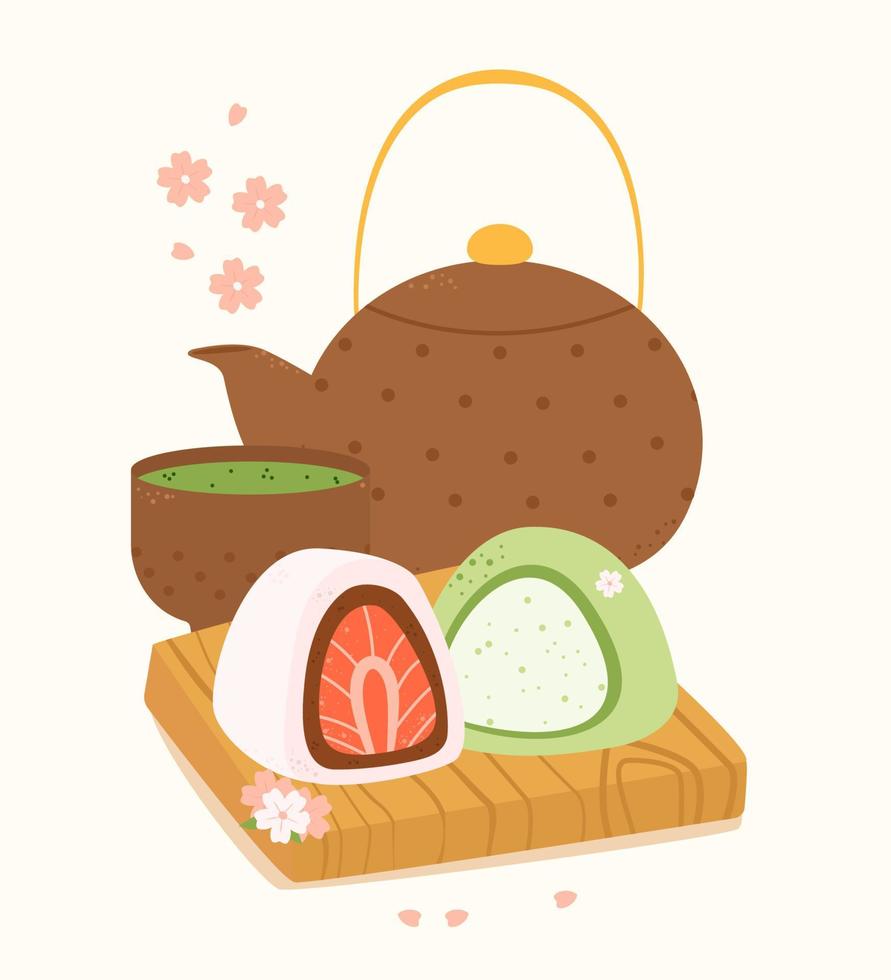 Lovely mochi on a bamboo plank. Cup of tea and teapot. Traditional Japanese cuisine. Asian food. Stock vector illustration.