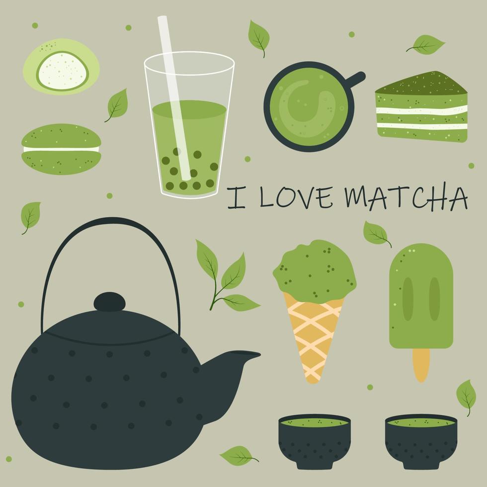 conjunto de diferente sabroso matcha comida ilustración. varios matcha té productos mochi, macarrones, té maceta, tarta, té hojas, helado, burbuja té. vector