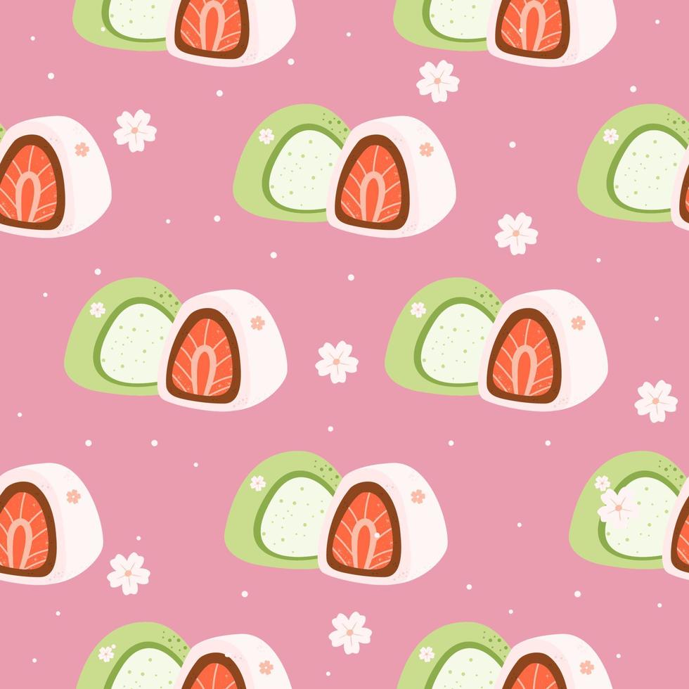 Cute mochi seamless pattern. Daifuku traditional Japanese dessert. Asian food. Stock vector illustration.