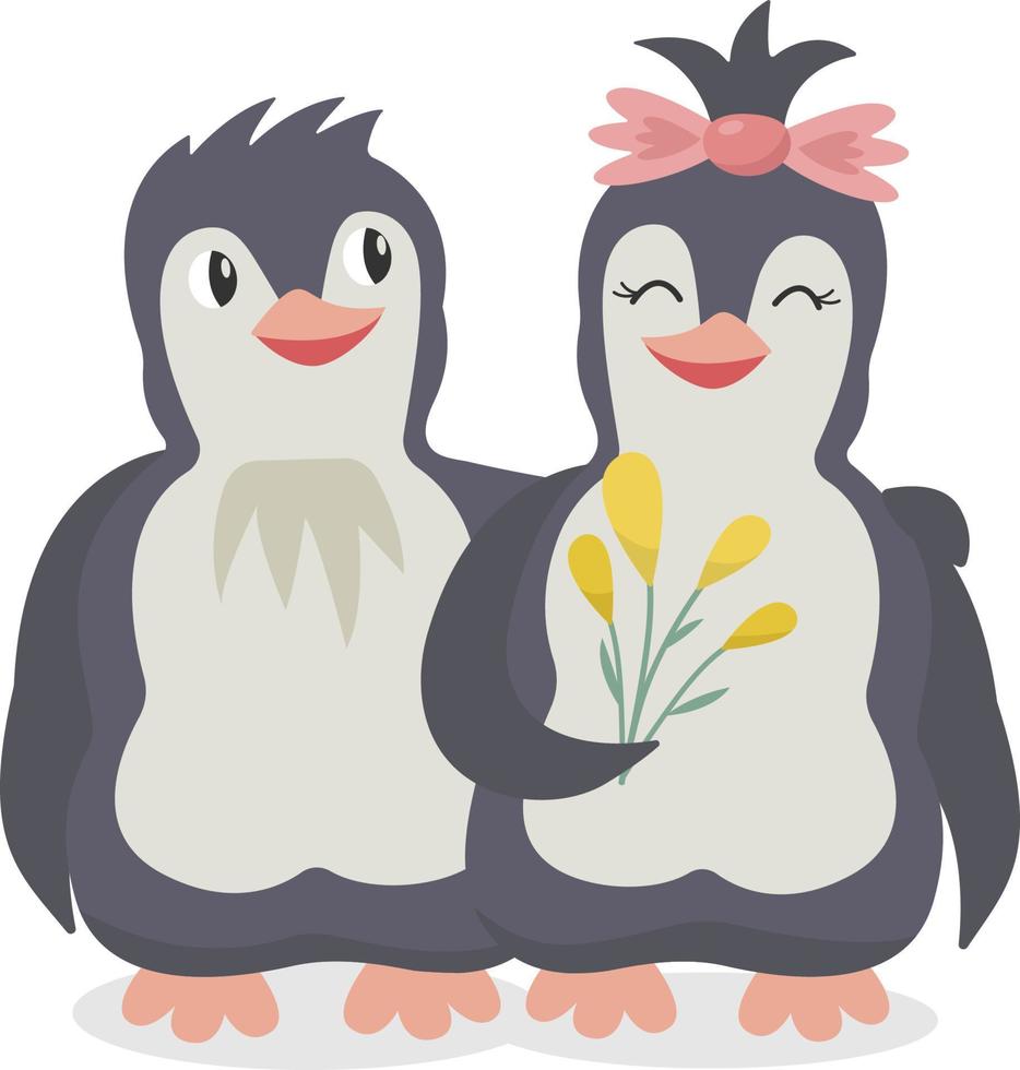 Cute cartoon falling in love penguins for greeting card. Two vector hugging smiling penguins with flowers.