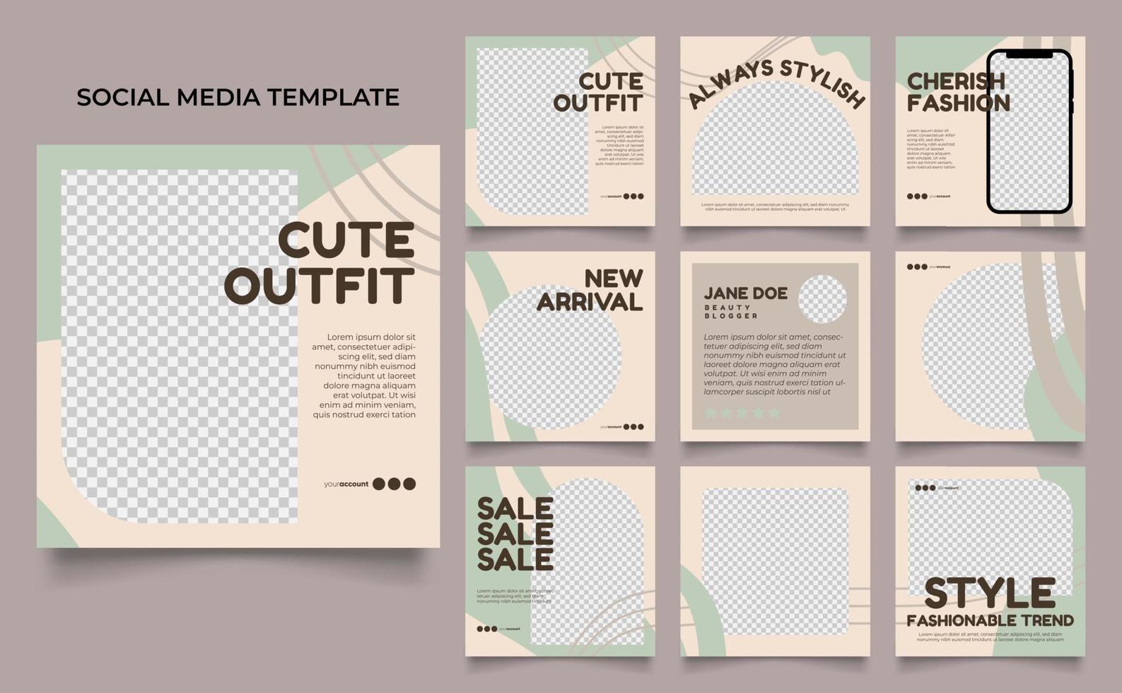 social media template banner fashion sale promotion in green brown color vector