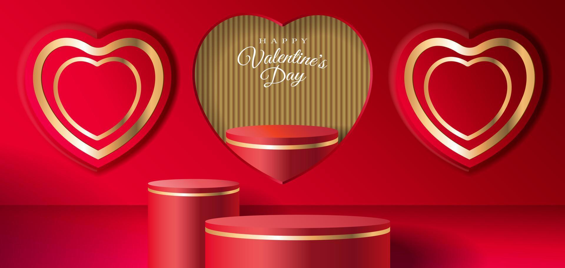 A red room with a red stand podium in a golden and red heart. shape window and heart shape Valentine's day minimal scene for product display presentation. vector