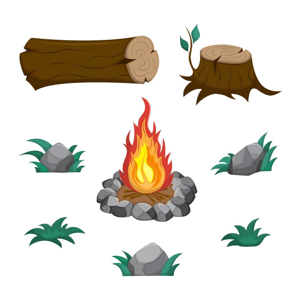 Stump, log, campfire, rocks and grass. Set of forest, camping, adventure, travel elements. Vector illustration isolated on white background.
