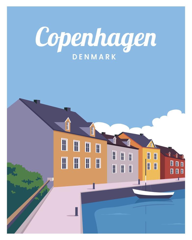 travel poster of Copenhagen city skyline on colorful building. Vector illustration background with colored style.