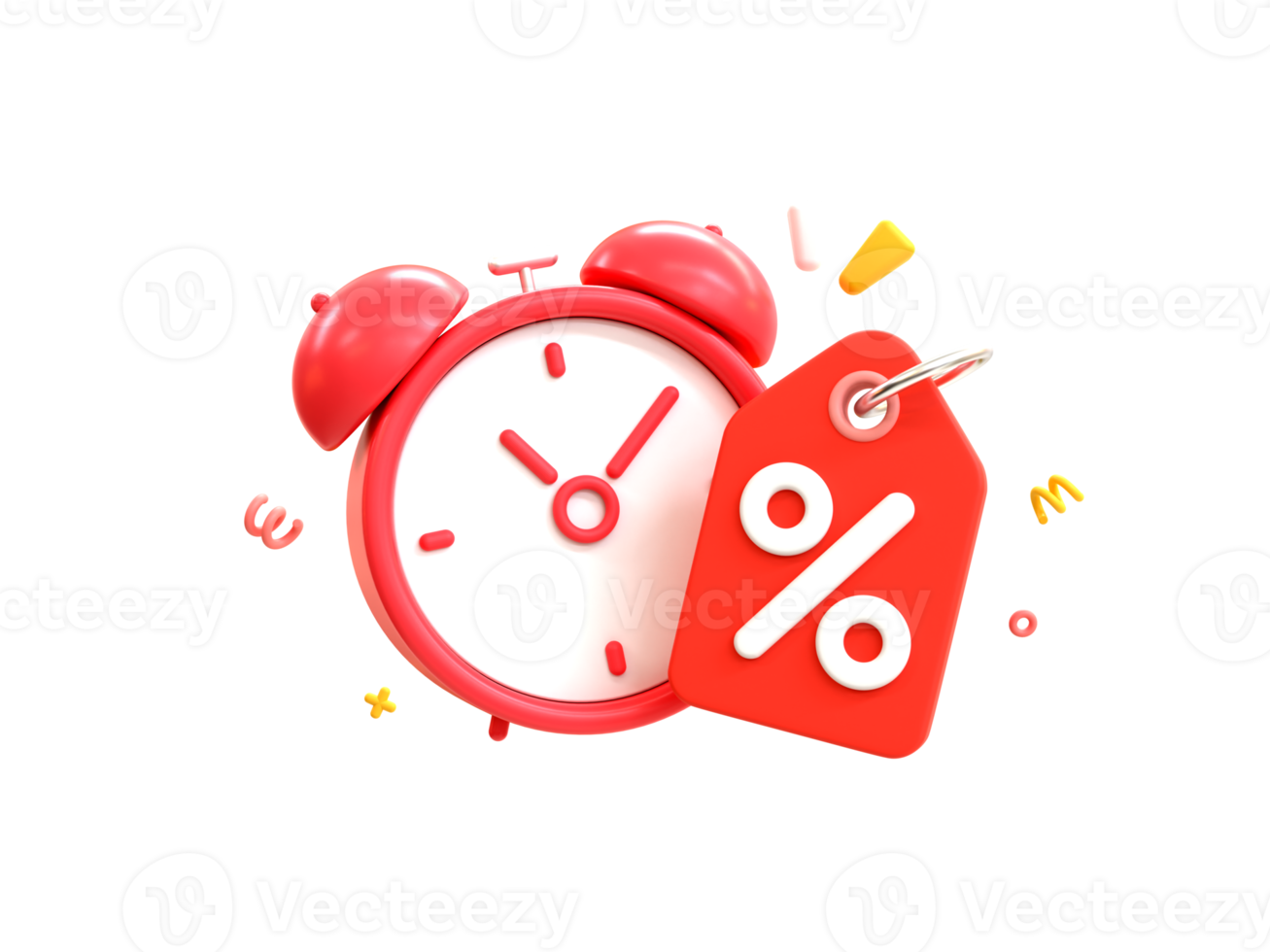 3d minimal Special discount offer icon. Flash sale reminder. Special big sale offer. Alarm clock with a percent tag. 3d illustration. png