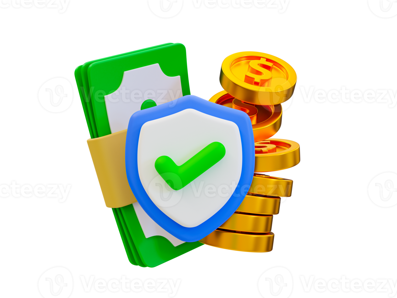 3d minimal Financial security. online payment protection. online transaction. Security shield with a bunch of banknotes and a pile of coins. 3d render illustration png