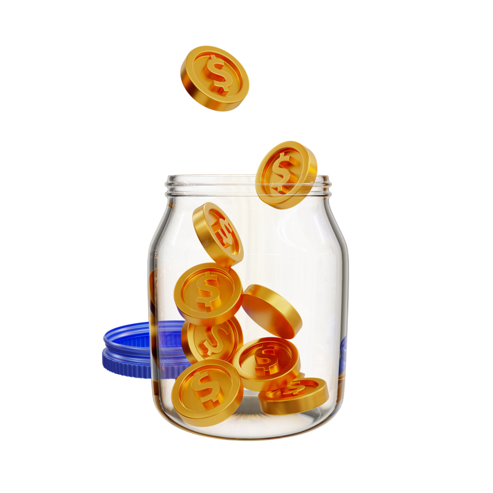 3d minimal money-saving concept. Depositing money. money management concept. Coins falling into a glass jar. 3d illustration. png