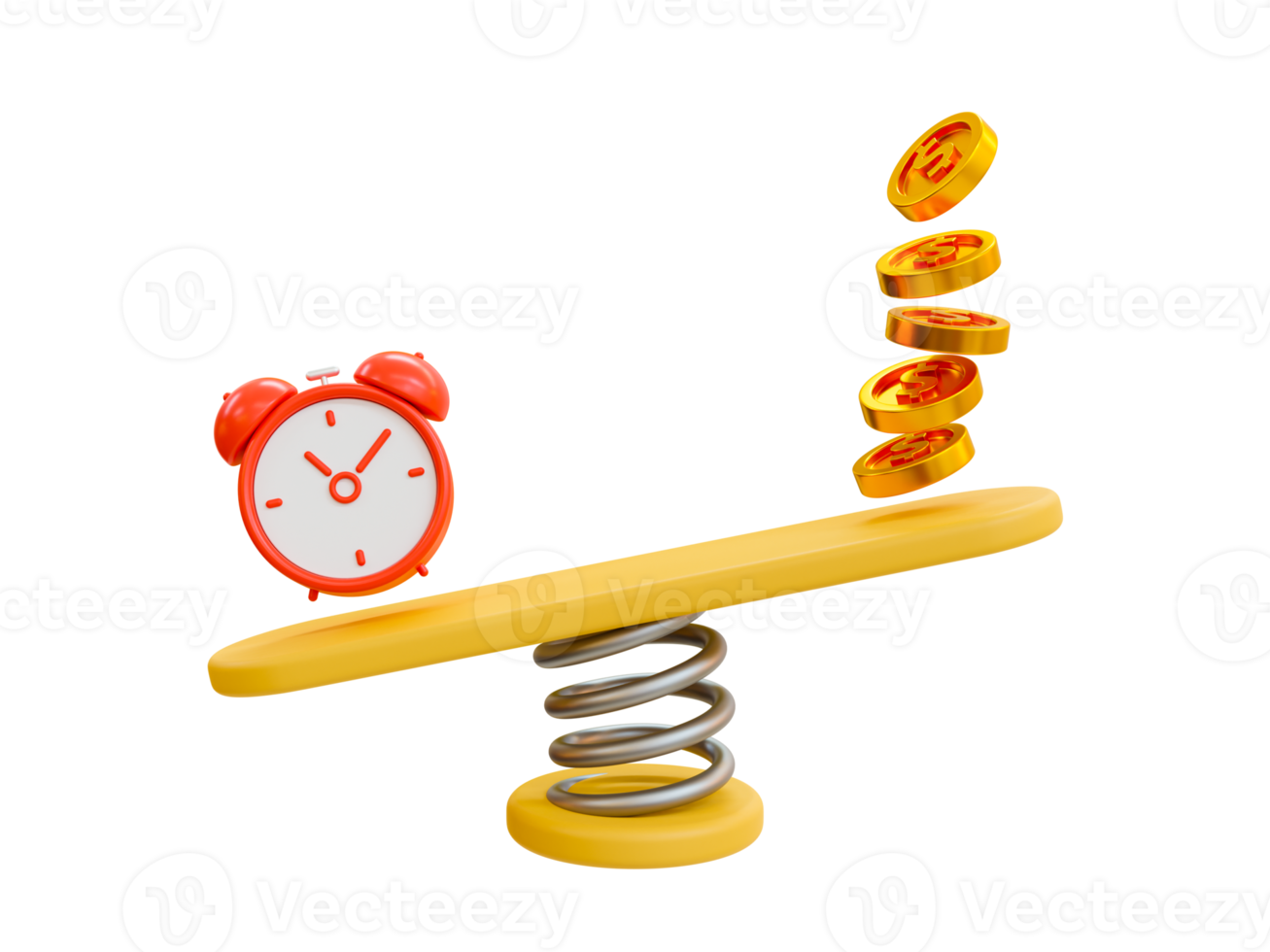 tijd is meer waardevol dan geld. wekker en geld Aan de schubben. 3d illustratie. png