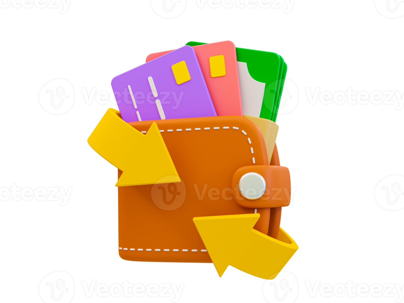 3d mínimo conectados pagamento. conectados transação. comércio eletrônico conceito. carteira com uma crédito cartão e notas cercado de Setas; flechas. 3d render ilustração png