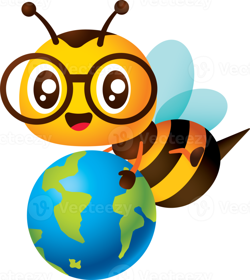 Cartoon cute bee with glasses holding a globe toy character png