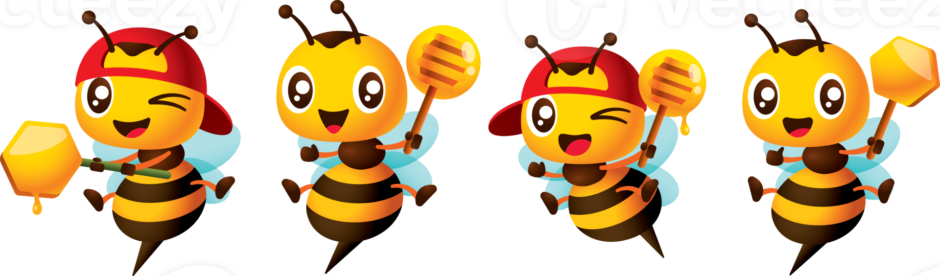 Cartoon cute bee holding honey dipper and honeycomb mascot set. Cartoon honey bee wearing red cap character collection illustration png