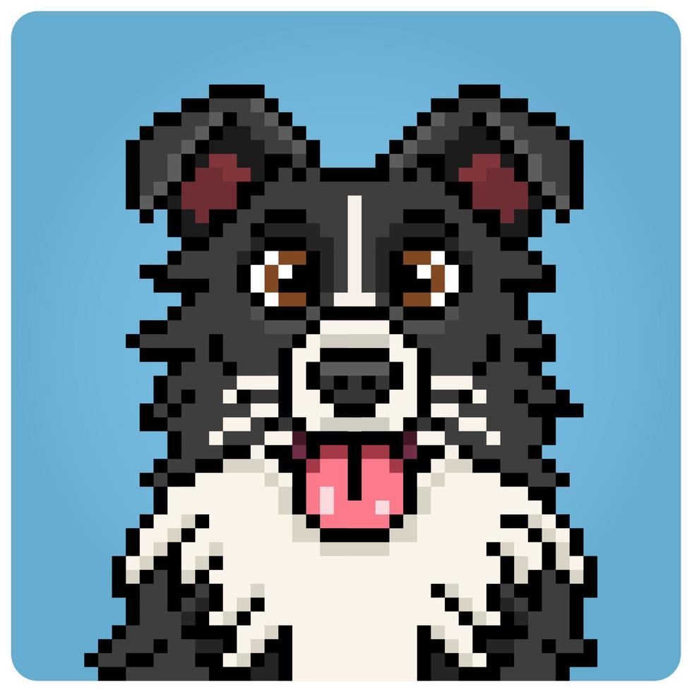Pixel 8 bit dog head. Animal portrait for game assets in vector illustration.