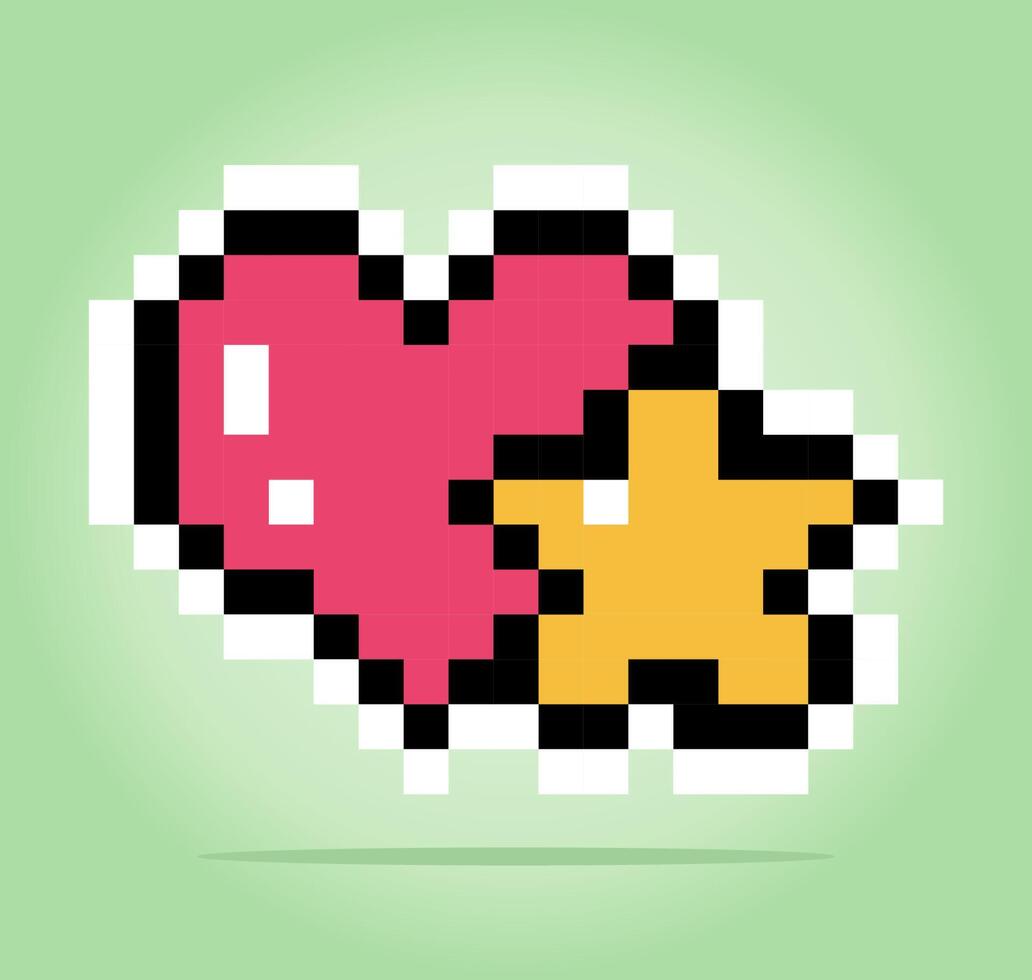 8 bit pixel of adorable star and love, for game assets and cross stitch patterns in vector illustrations.