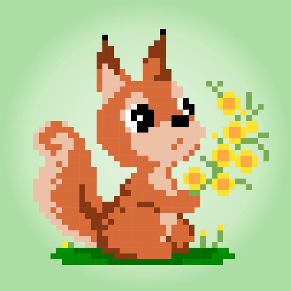 8 bit pixel of squirrel holding flower. Animal pixel for game assets and Cross Stitch patterns in vector illustrations.