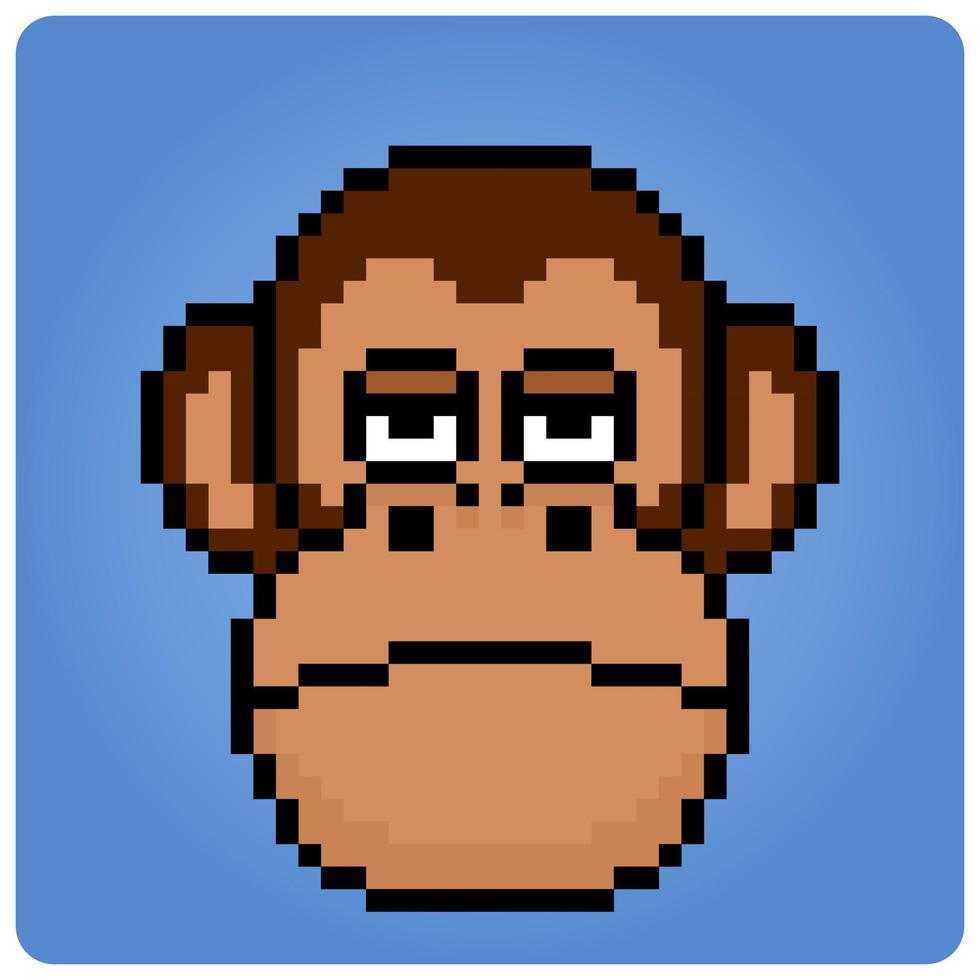 Pixel 8 bit monkey head. Animal portrait for game assets in vector illustration.
