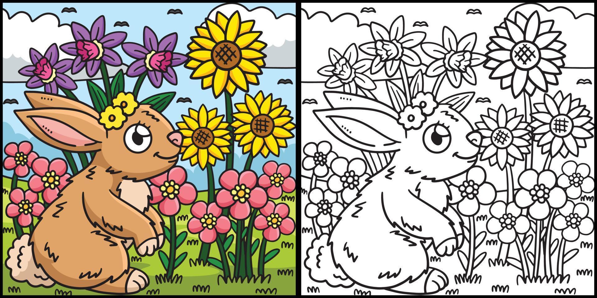 Spring Rabbit and Flowers Coloring Illustration vector