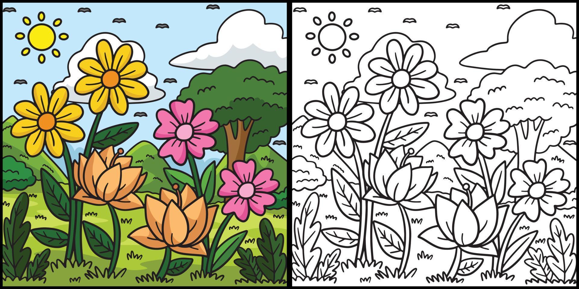 Spring Flowers In A field Coloring Illustration vector