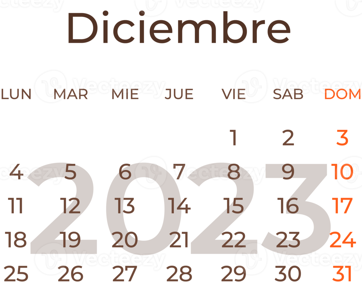 Calendar month december in spanish year 2023. png