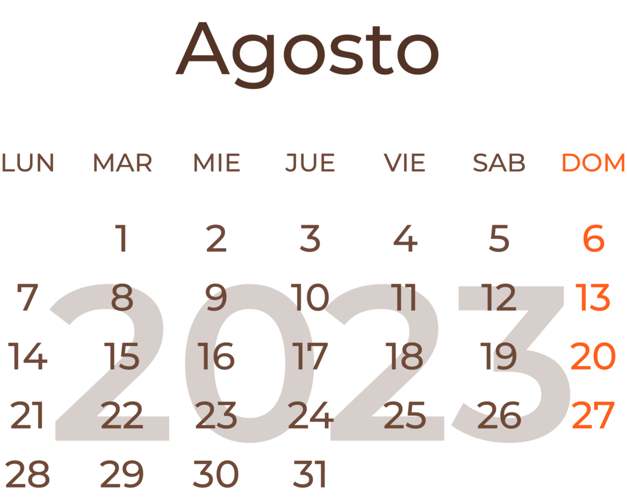 Calendar month august in spanish year 2023. png