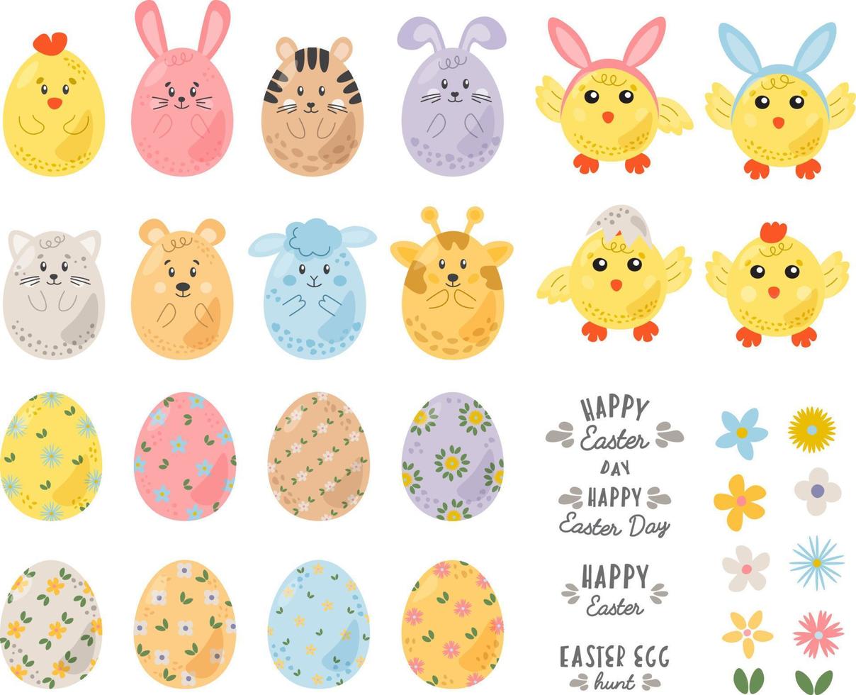Happy Easter Design Set isolated on white background for spring and Easte greeting cards and invitations. Chicken, eggs, flowers, cute little characters, bunnies, lamb, lettering, hand drawn elements. vector