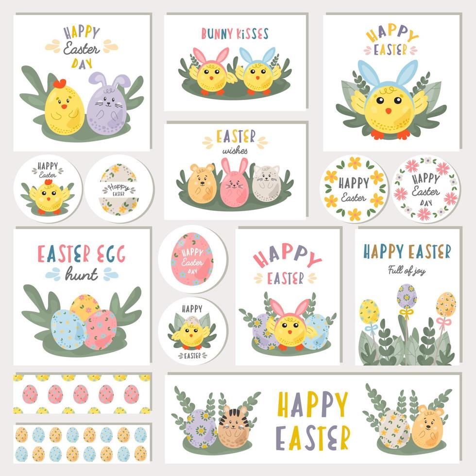 Set of Easter cards, stickers and labels with cute cartoon characters, hand drawn elements. Easter greetings with bunnies, chickens, eggs and flowers for posters, cards of any print. Easter Sunday. vector