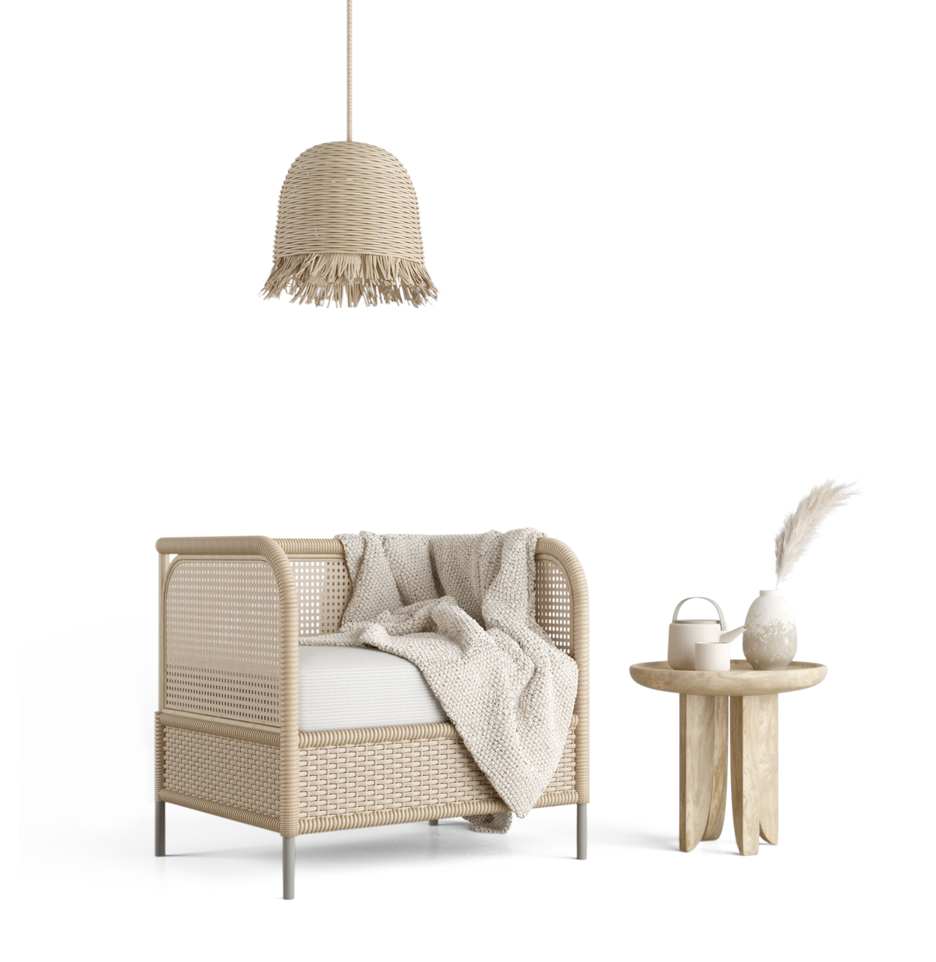 Boho style armchair with ceiling lamp and table 19634905 PNG