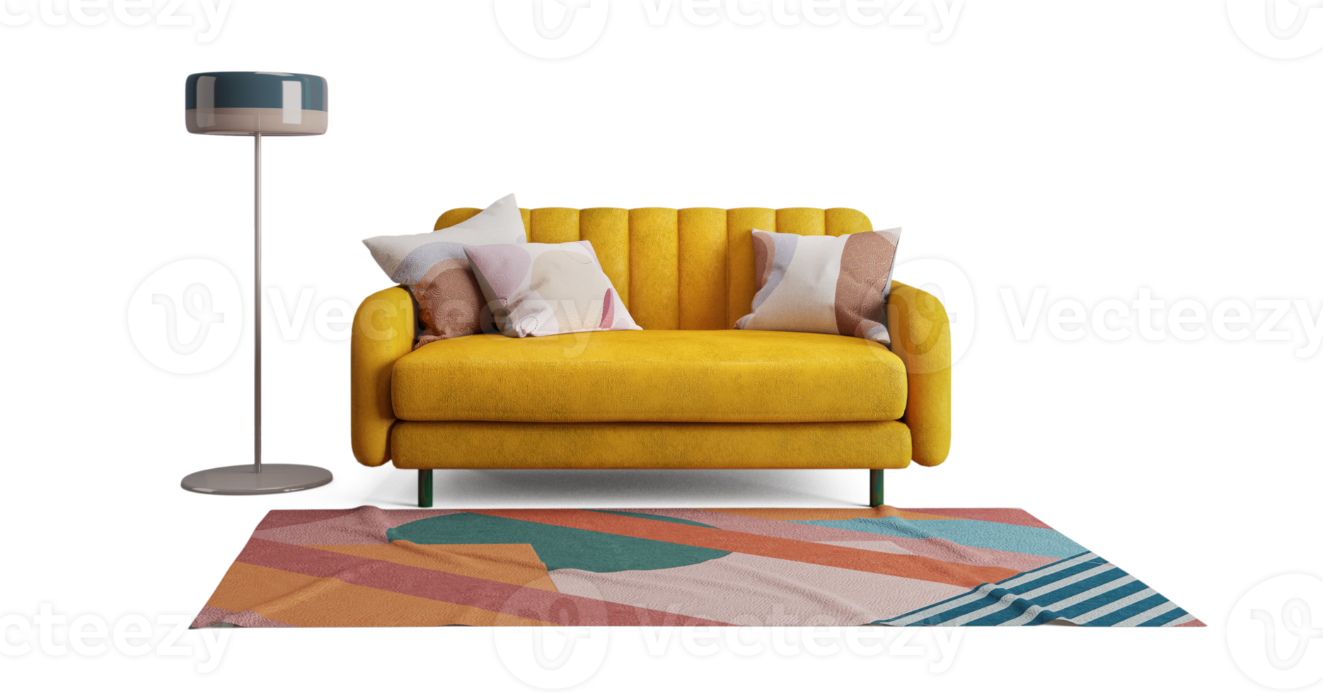 Midcentury yellow sofa with pillow rug and floor lamp png