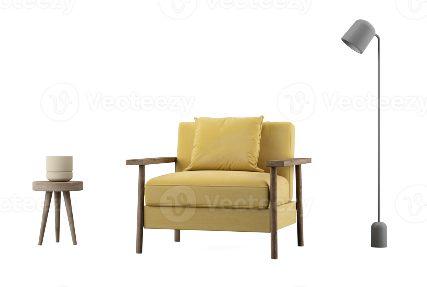 Yellow armchair with table and lamp png