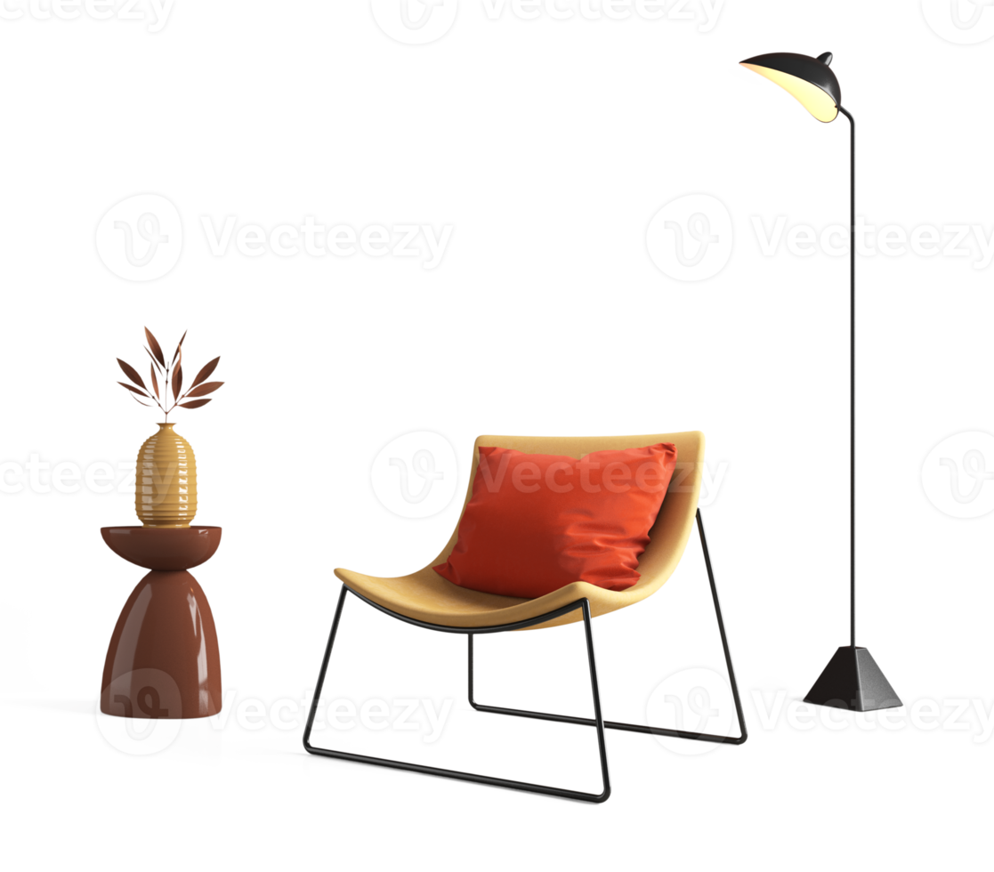 Armchair with red pillow and vase and floor lamp png