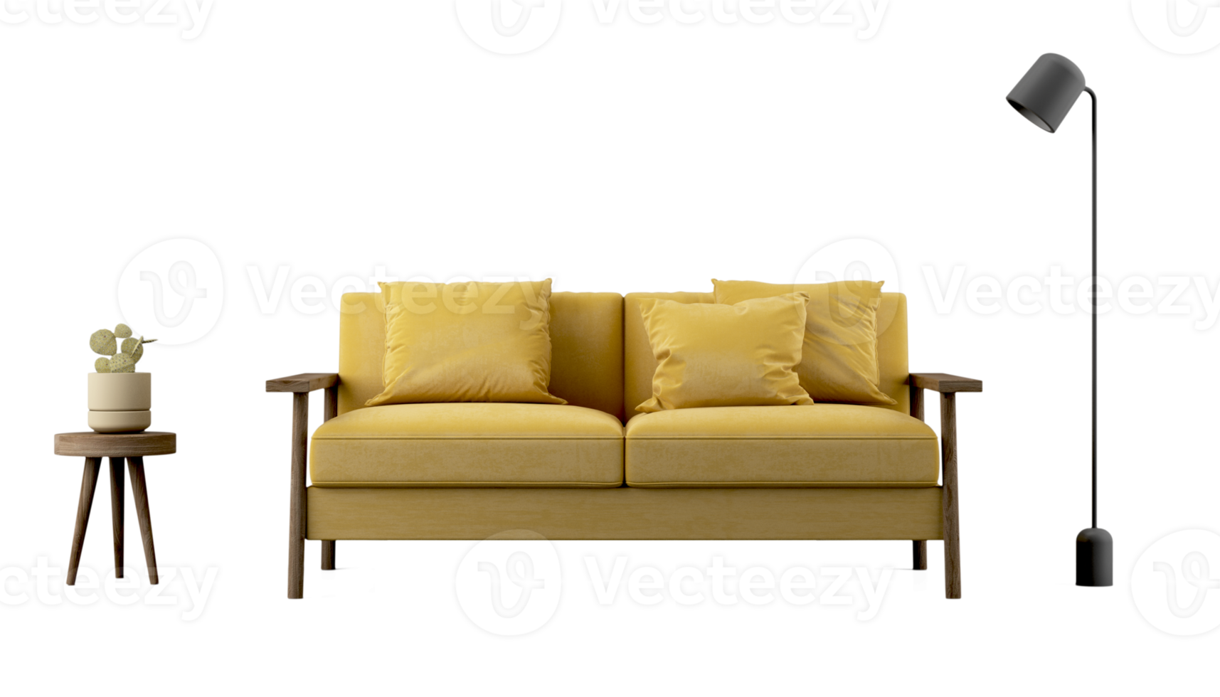 Yellow sofa with floor lamp and side table png