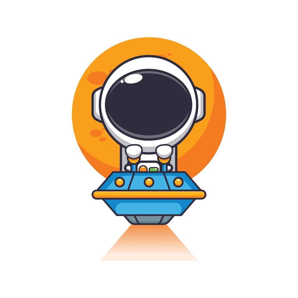 Cute astronaut mascot cartoon character fly with ufo. vector