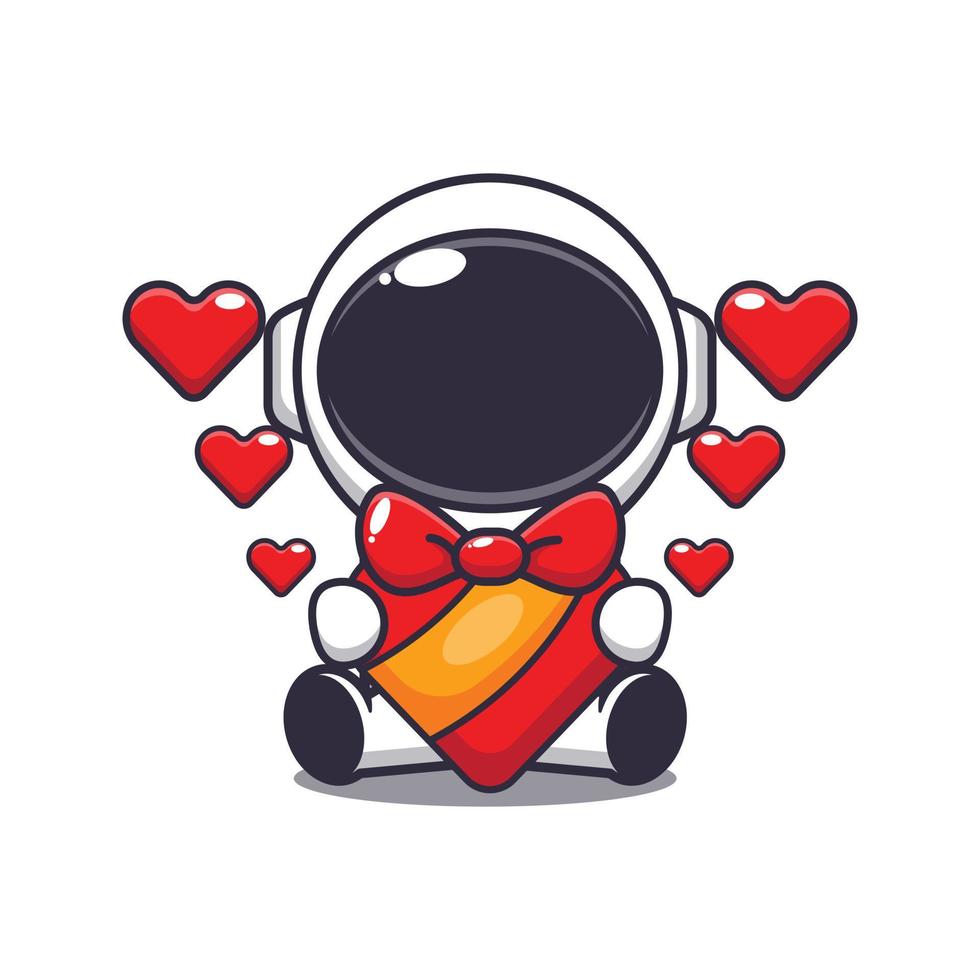 linda astronauta contento con amor regalo en San Valentín día. vector