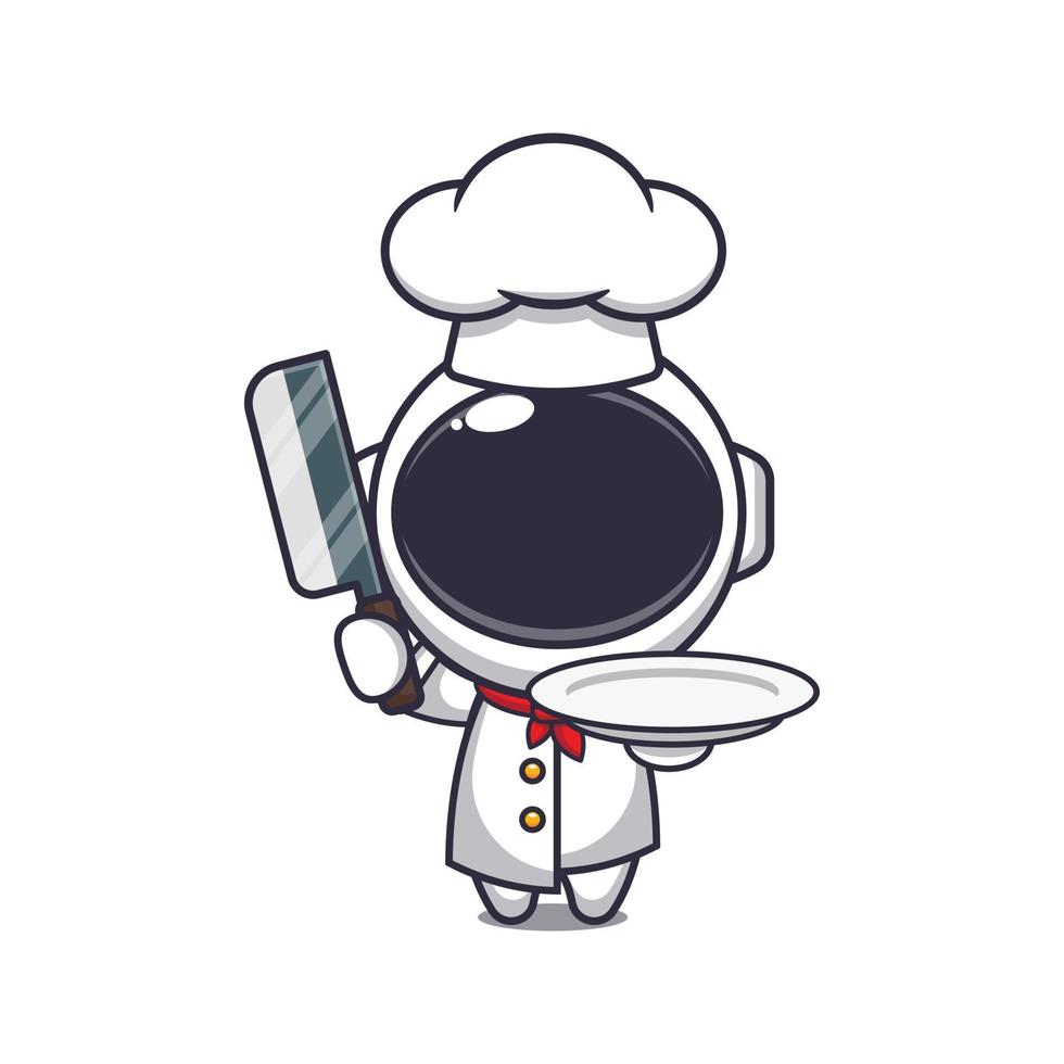 Cute chef astronaut mascot cartoon character with knife and plate. vector