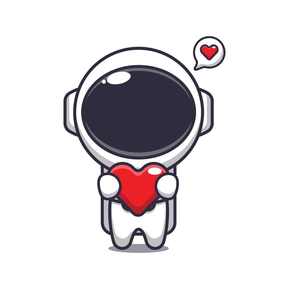 Cute astronaut cartoon character holding love heart. vector