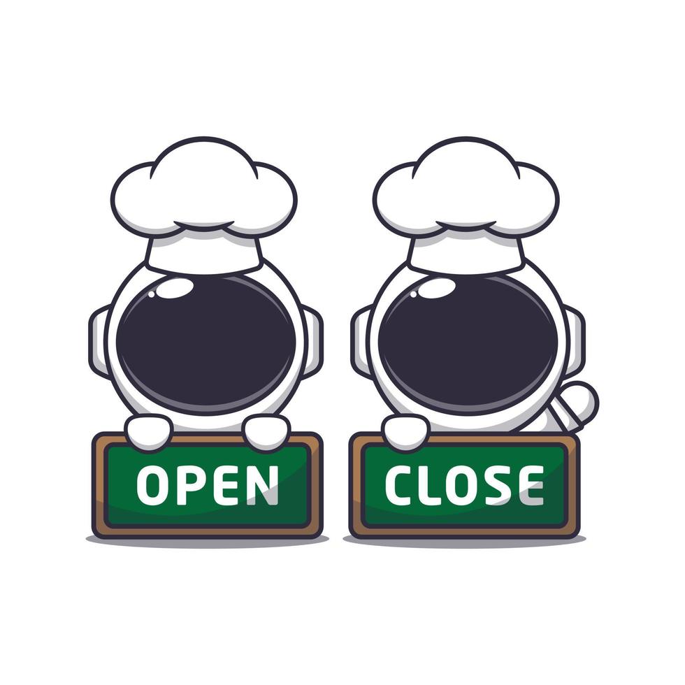 Cute chef astronaut mascot cartoon character with open and close board. vector