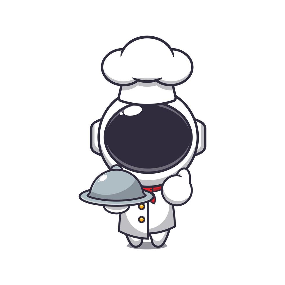 linda cocinero astronauta mascota dibujos animados personaje con plato. vector