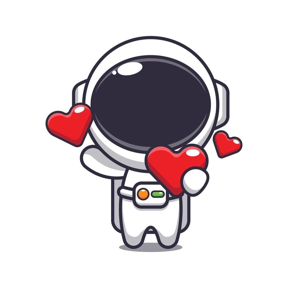 Cute astronaut cartoon character holding love heart at valentine's day. vector