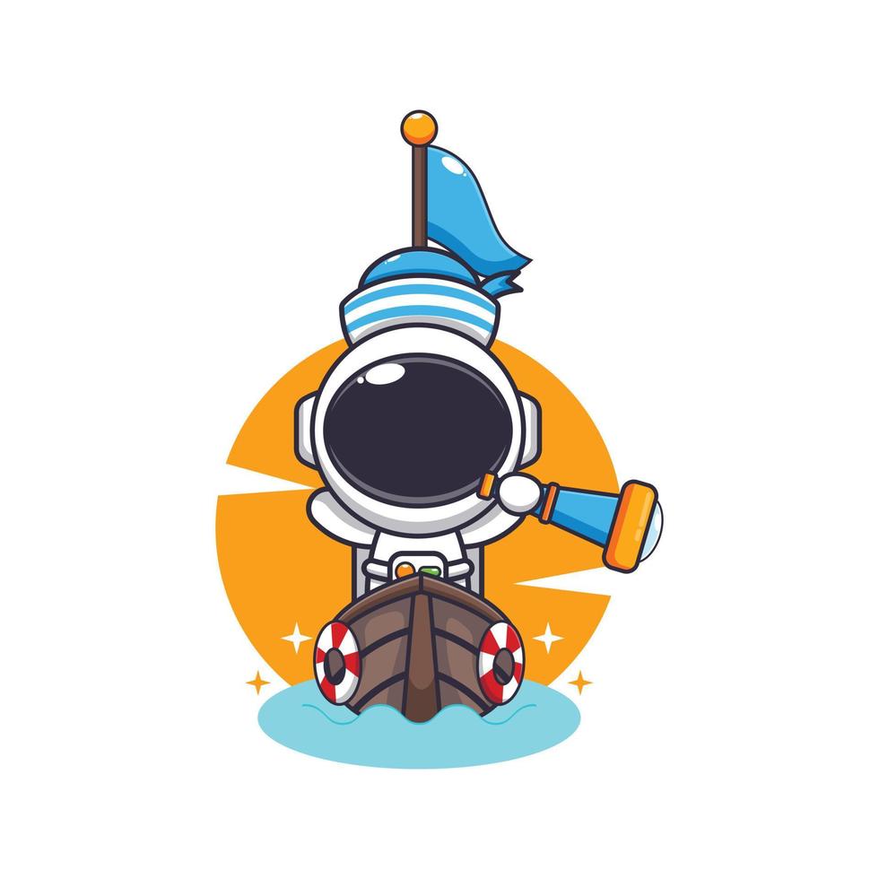 Cute astronaut mascot cartoon character on the boat. vector