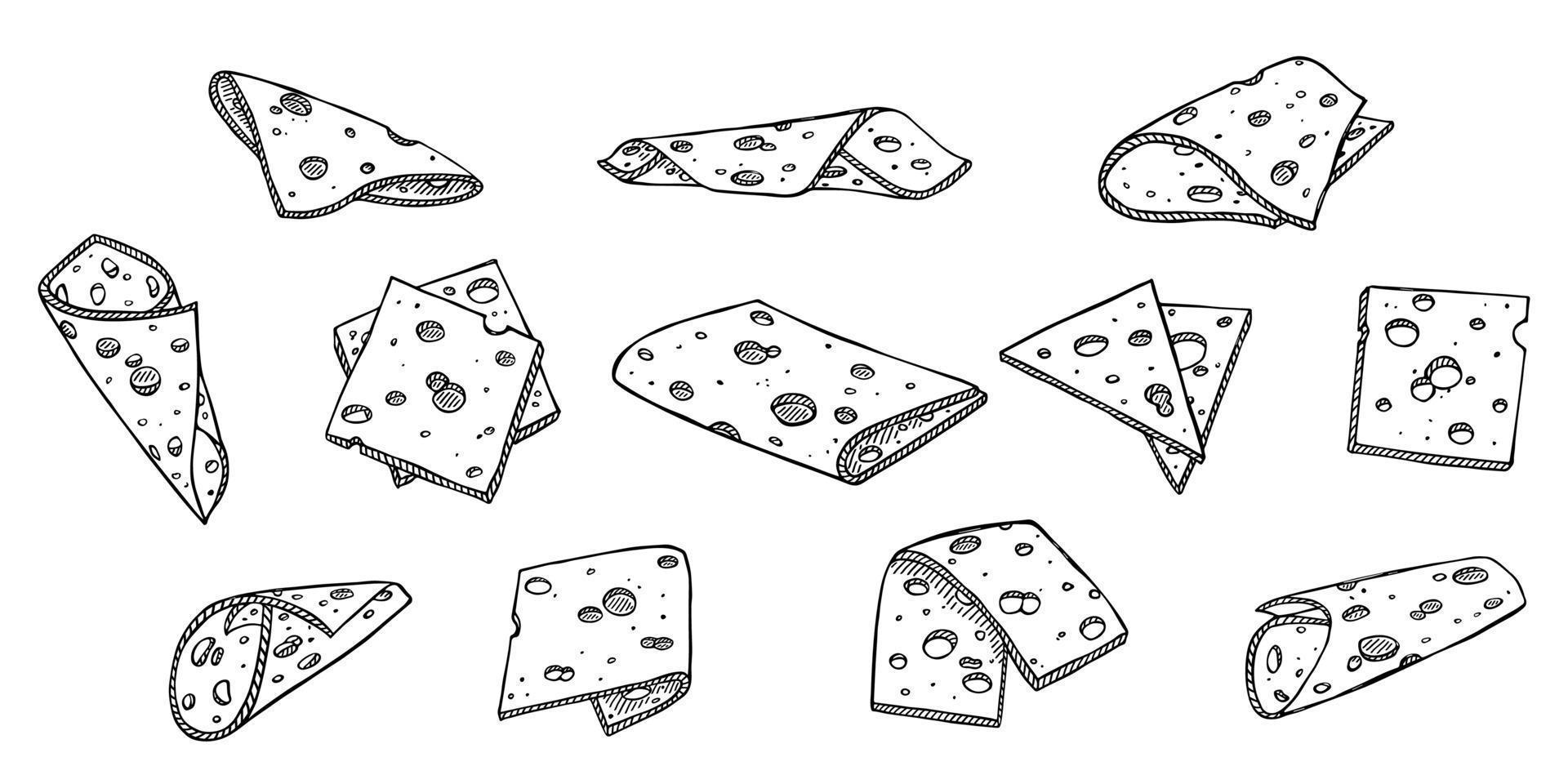 Hand drawn cheese parts and slices isolated on a white background.  Cheese icon. Vector cheese clipart