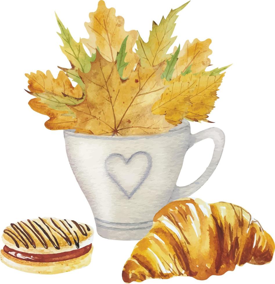 Watercolor cup of coffee with autumn leaves and bakery vector