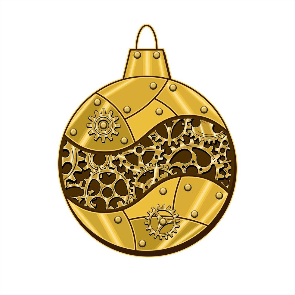 Christmas ball made of shiny brass, gold metal plates, gears, cogwheels, rivets in steampunk style. Vector illustration.