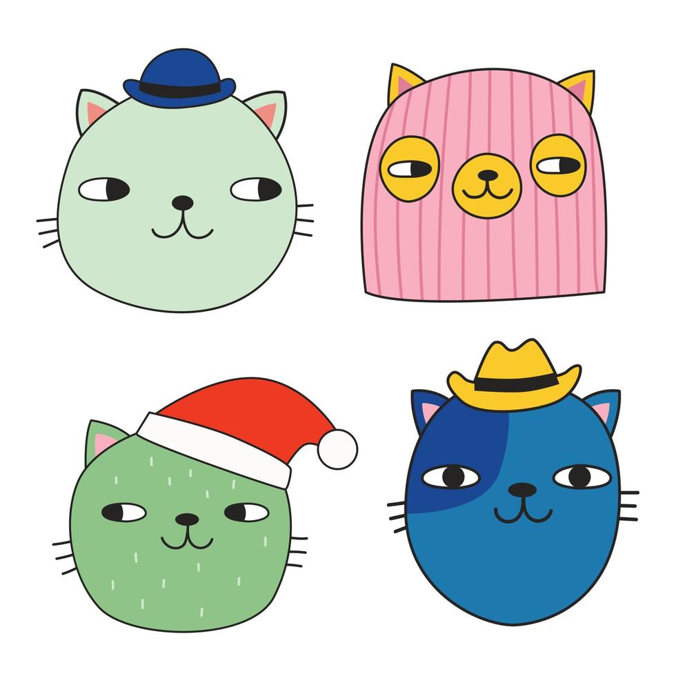 A set of cute cats' faces in different hats. Doodle style. Vector illustration