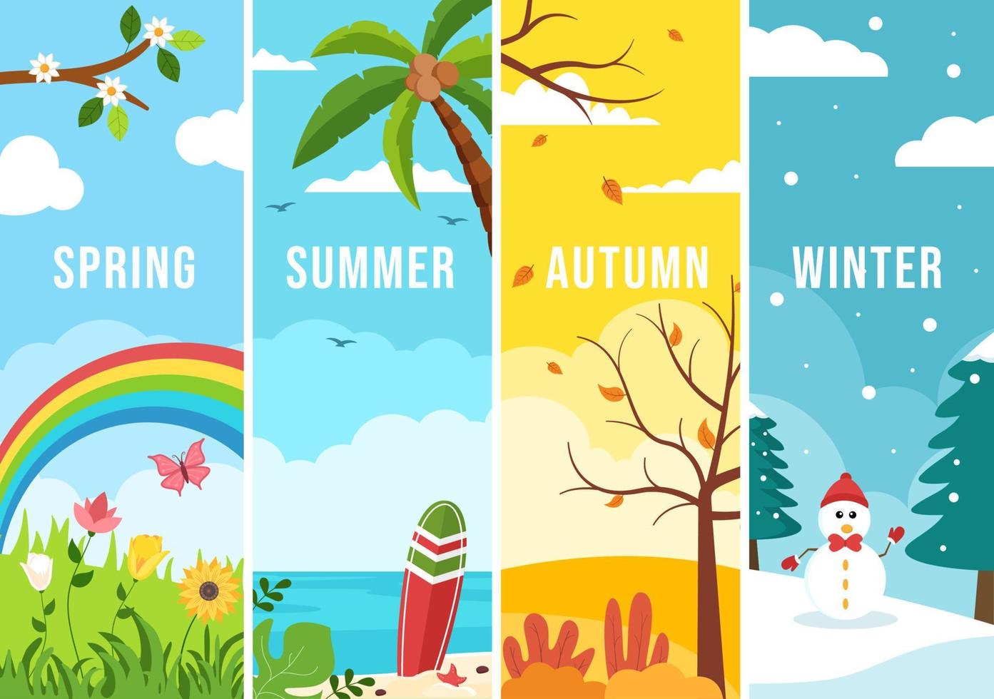 paisaje de las cuatro estaciones de la naturaleza con paisaje primavera, verano, otoño e invierno en plantilla ilustración de estilo plano de dibujos animados dibujados a mano vector