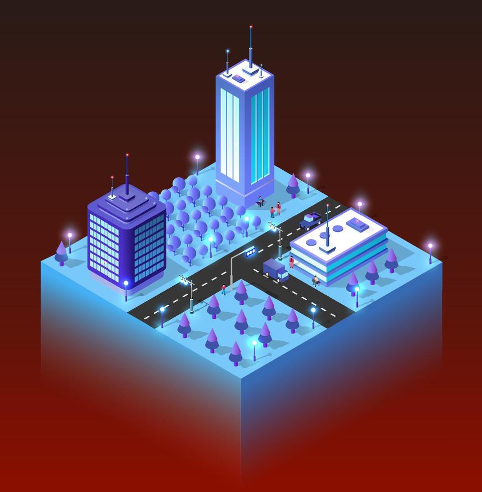 City future smart urban Isometric night lights architecture 3D illustration technology town street with a lot of building houses and skyscrapers, streets, trees vector
