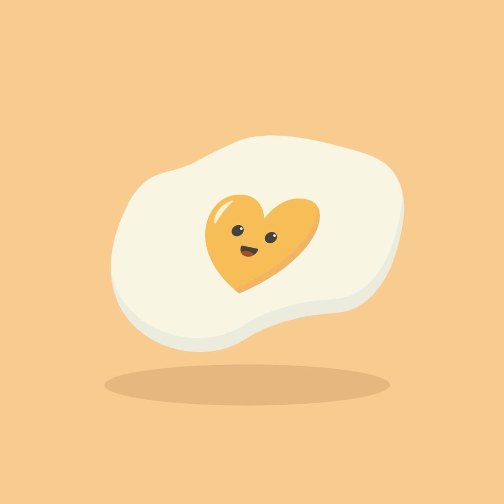 Cute cartoon character design of heart shape fried egg vector illustration isolated on yellow background. Happy cute smiling funny kawaii fried egg