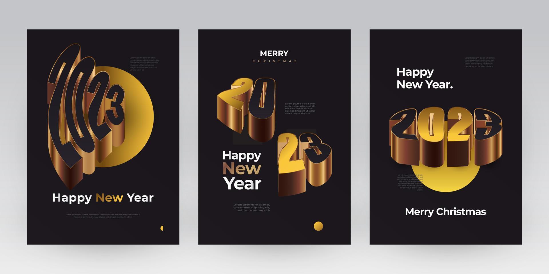 Happy New Year 2023 Poster Set with Black and Gold 3D Numbers. New Year Design Template for Decoration, Branding, Banner, Poster, Cover and Card vector