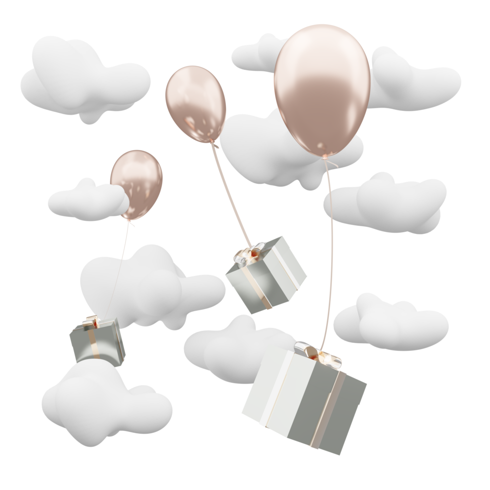 ballons et coffrets cadeaux flottant dans le ciel jour nuageux illustration 3d png