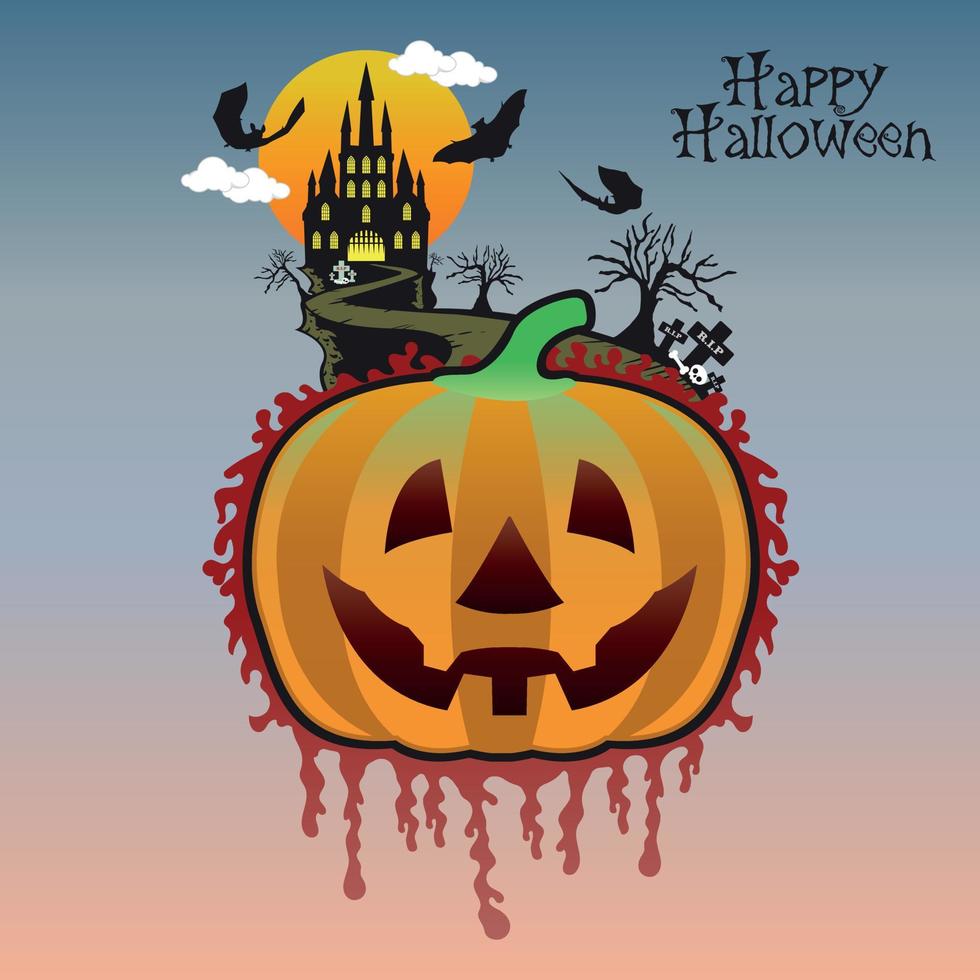 Halloween pumpkins head and haunted house castle bat spooky trees witch with full moonlight shadow vector