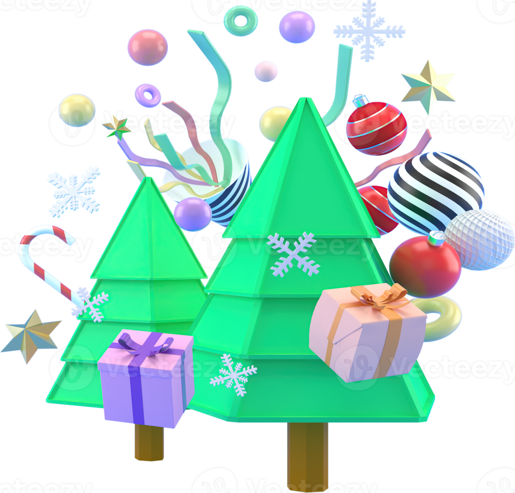 3d Rendering Christmas background with decorative trees and gift boxes. Colorful flat gifts for holidays. Modern design. new year elements for decoration. Isolated  illustration png